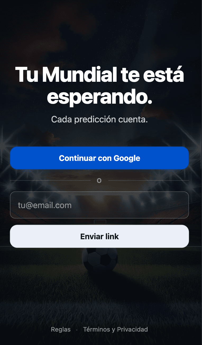 Pantalla de login de Prode Mundial mostrando el botón Continuar con Google y el campo de email para recibir un link mágico.