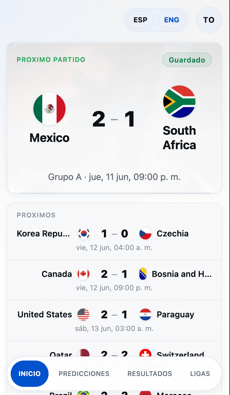 Pantalla de inicio de Prode Mundial mostrando el Próximo Partido destacado (México vs South Africa) y debajo la lista de próximos partidos del Mundial.