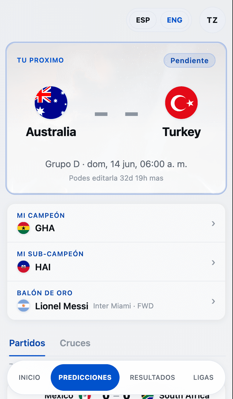 Tab Predicciones de Prode Mundial: arriba la tarjeta del próximo partido (Australia vs Turkey) y abajo las tres cards de macro picks (campeón GHA, subcampeón HAI, Balón de Oro Lionel Messi).