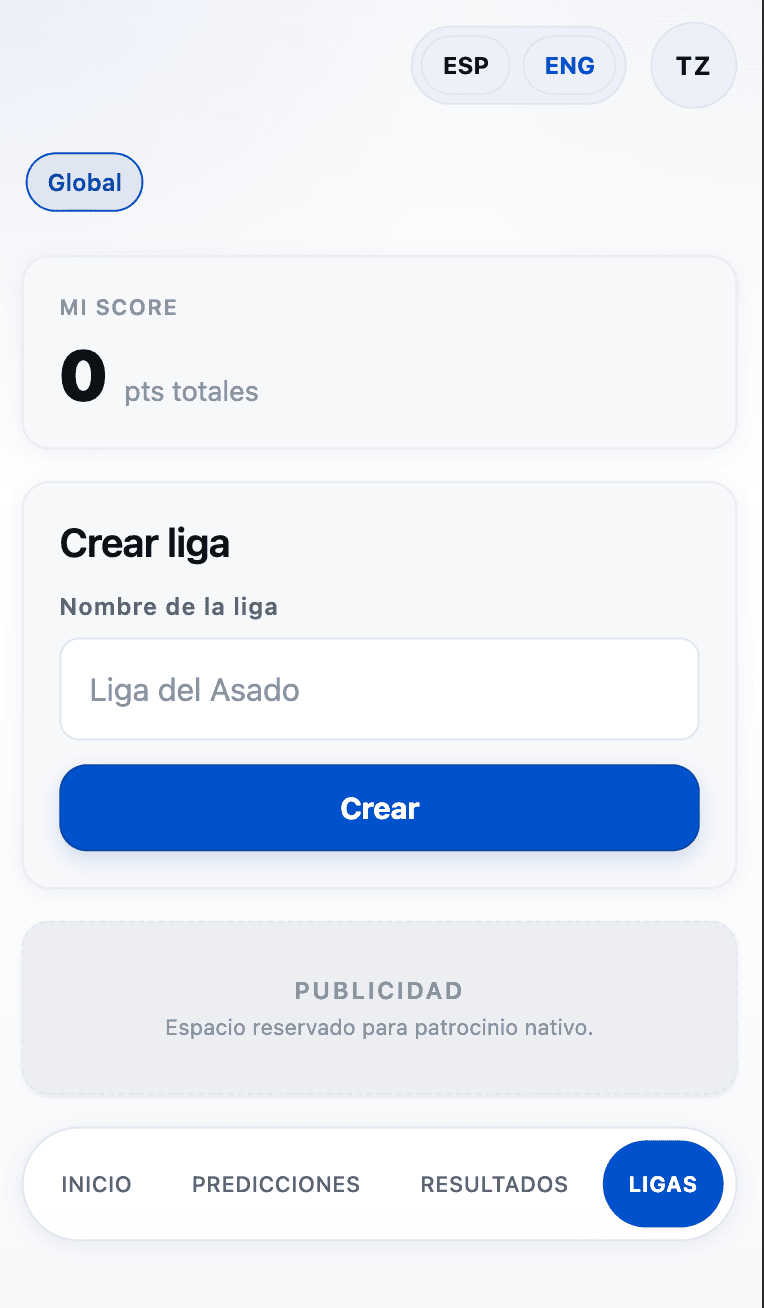 Tab Ligas con el formulario Crear liga vacío: campo Nombre de la liga con el ejemplo 'Liga del Asado' y un botón azul Crear.