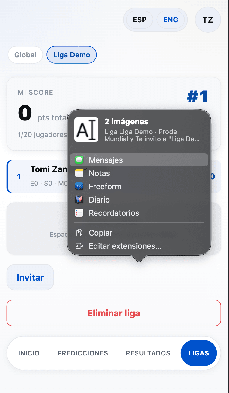 Pantalla de una liga con el menú nativo de compartir abierto, mostrando opciones como Mensajes, Notas y Copiar.