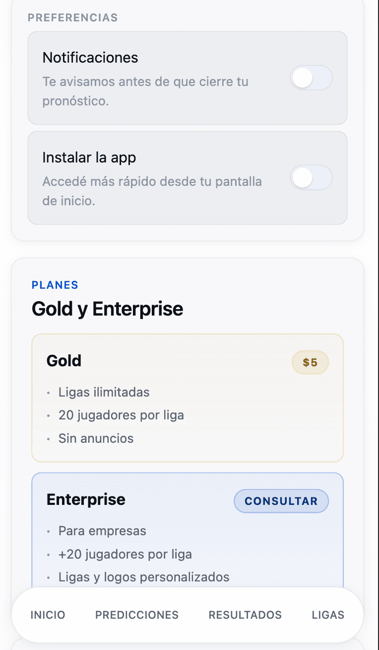 Pantalla de Preferencias y Planes del perfil de Prode Mundial mostrando las cards de plan Gold y plan Enterprise con sus beneficios.