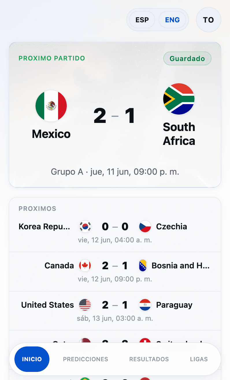 Pantalla de predicciones de la app Prode Mundial